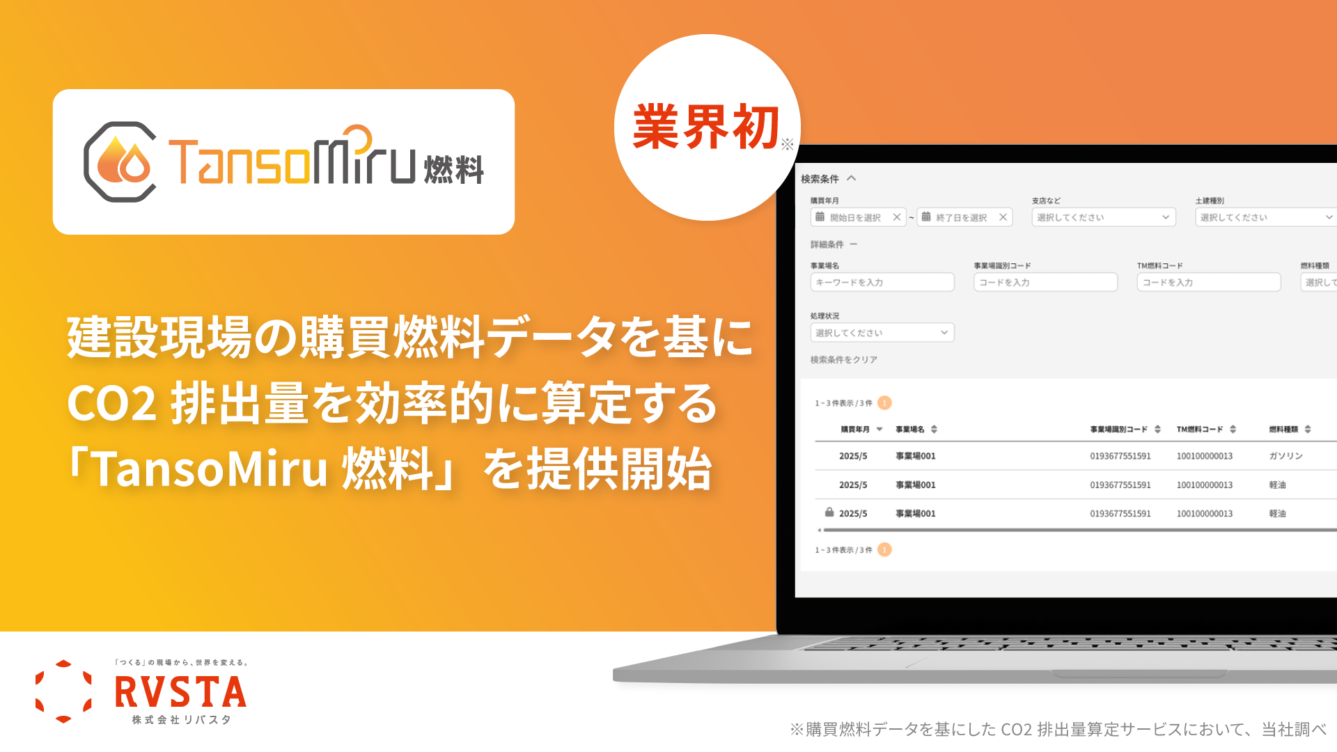 建設業界初！リバスタ、建設現場の購買燃料データを基にCO2排出量を効率的に算定する「TansoMiru 燃料」を提供開始　<small>～元請会社17社、燃料配送会社25社が参画した実証実験を経て正式サービス化。 購買燃料データの収集からCO2排出量算定までの業務負担を軽減～</small>