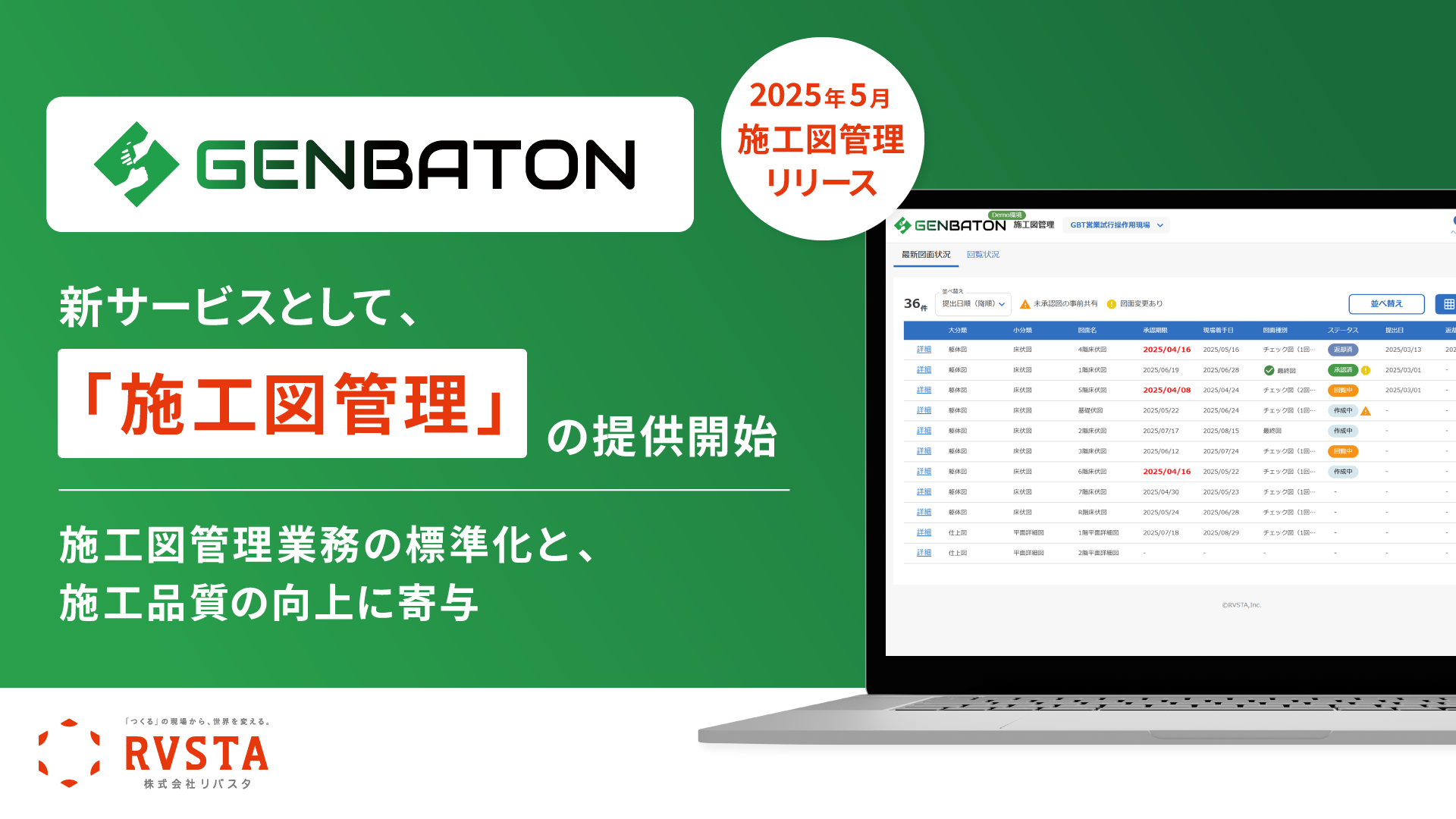 リバスタ、施工管理業務の標準化とノウハウ継承を支援する「GENBATON」の新サービス「施工図管理」を提供開始　～大林組全面協力の下開発。施工図管理業務の標準化と、施工品質の向上に寄与～